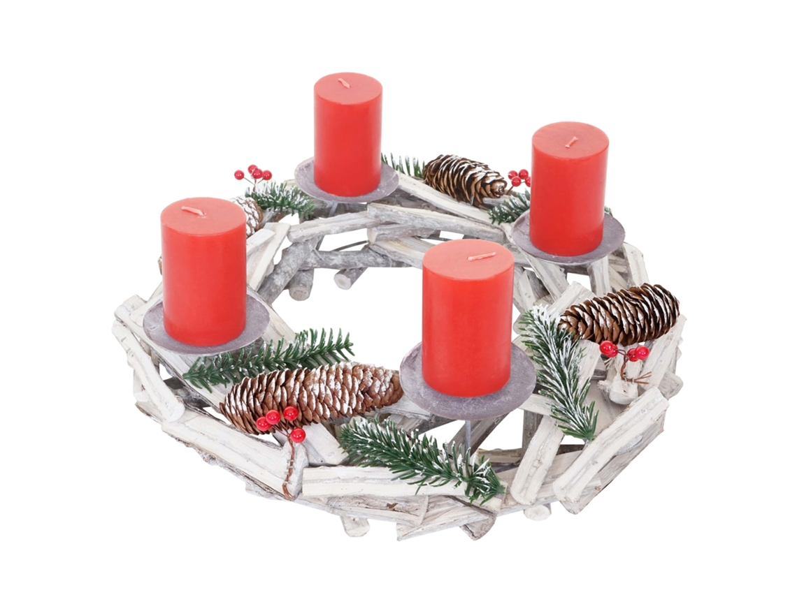 Corona de Adviento redonda, decoración navideña de mesa de madera, Ø 40 cm, blanco grisáceo, con velas rojas 04_0002568