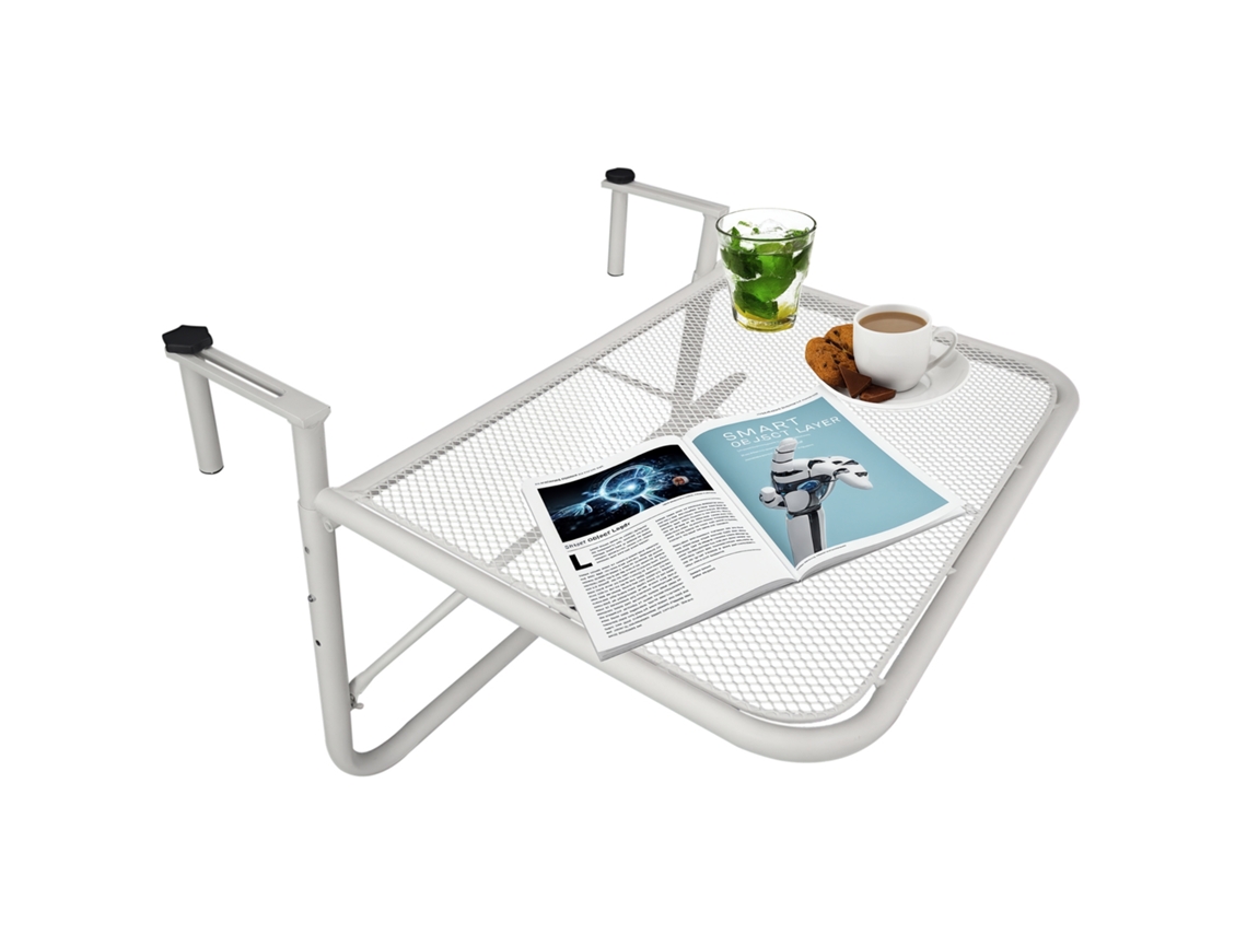 Mesa De Balcón Colgante Con Reposabrazos Ajustables, 3 Posiciones, 60x56x50 Cm, Blanca.