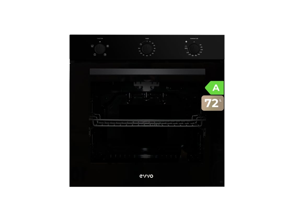 Evvo Horno Integrable H10, 72l, Clase A, 4 Programas, Grill, Temporizador, Mando Selector, Puerta Triple Acristalamiento, Negro