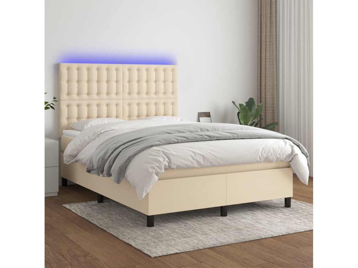 Cama Box Spring Colchón Y Luces Led Tela Crema 140x190 Cm