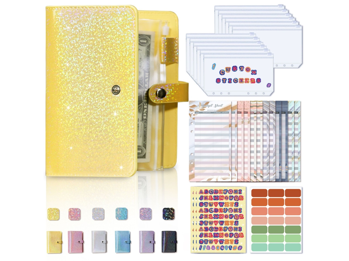 Cuaderno Siurn A6 de hojas sueltas en piel sintética. Incluye 12 sobres económicos con cremallera. Amarillo.