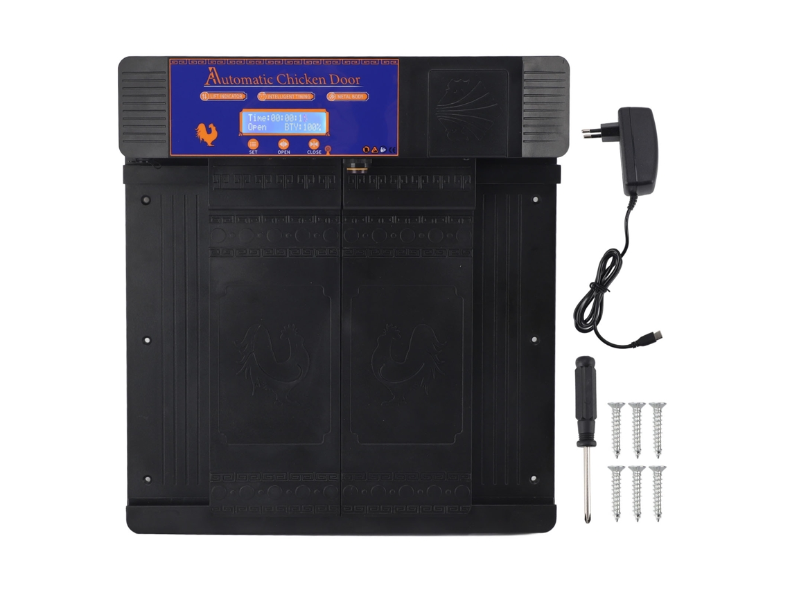 Puerta automática para gallinero, doble apertura, pantalla LED, temporizador, ideal para granjas de patos y gansos.