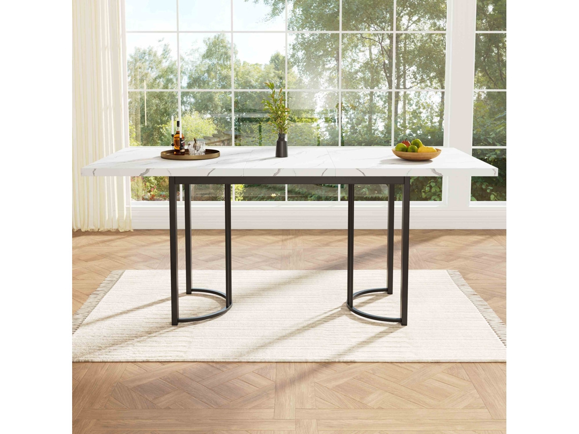 Mesa de comedor extensible de 140 x 179,5 x 80 cm con patas de metal, ahorra espacio, diseño rectangular, estilo blanco/negro.