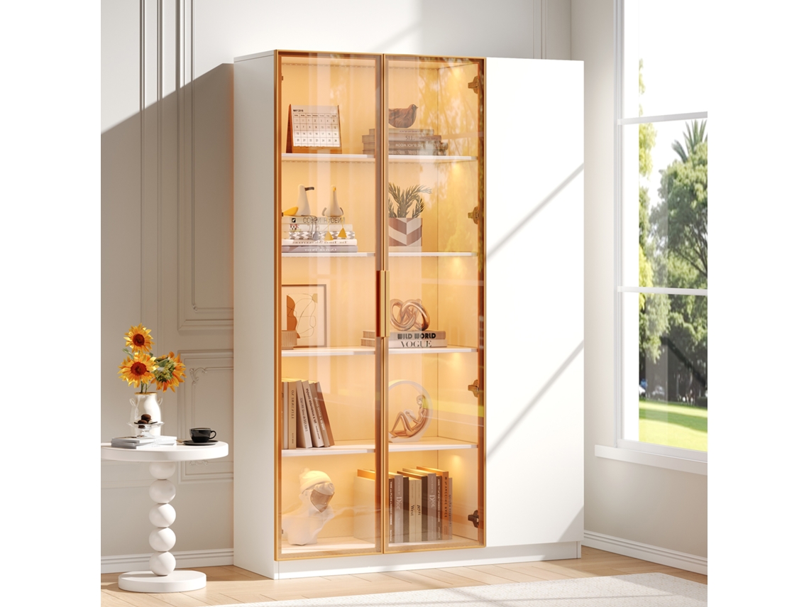 Vitrina De Cristal De 165 Cm Con 3 Puertas, Iluminación Led Multicolor Blanca.