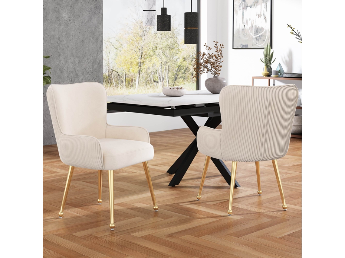 Juego de 2 sillas de terciopelo con brazos y patas de metal dorado estilo beige y dorado
