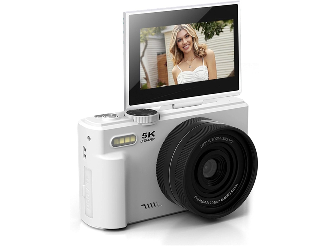 Cámaras Digitales Para Fotografía, Cámara De Vlogging 5k 75 Mp Uhd Con Enfoque Automático, Pantalla Abatible De 3 Pulgadas Y 180° (blanca)