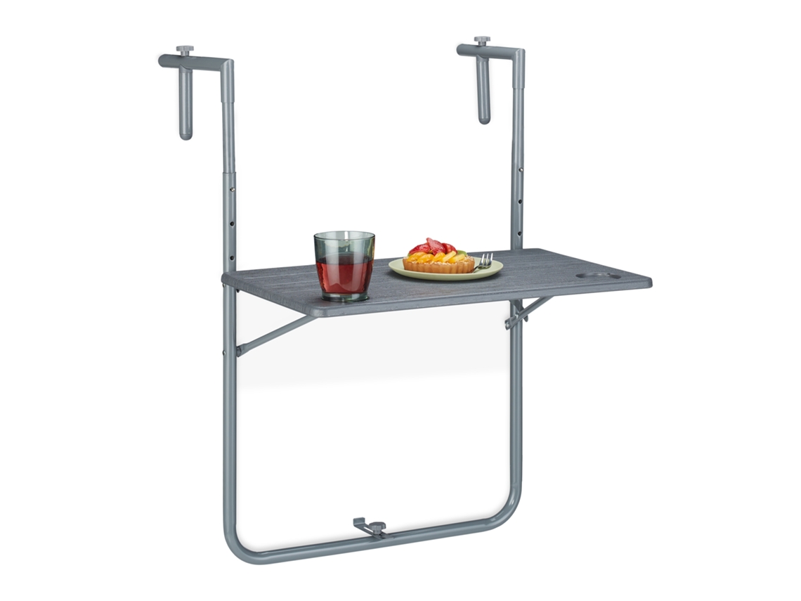 Relaxdays Mesa Plegable Balcón, 3 Alturas, 59,5x60 Cm, Mesita Colgante Con 2 Posavasos, Mueble Exterior Barandilla, Gris