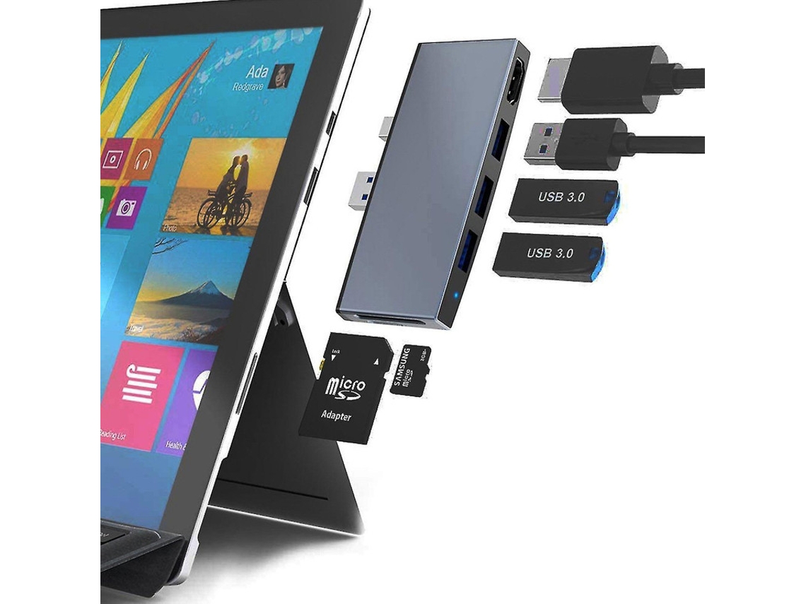 Concentrador Usb 6 En 1 Para Surface Pro 4/5/6: Sincronización De Datos Instantánea Y Escalable Con Hdmi 4k Y Lector De Tarjetas (gris)