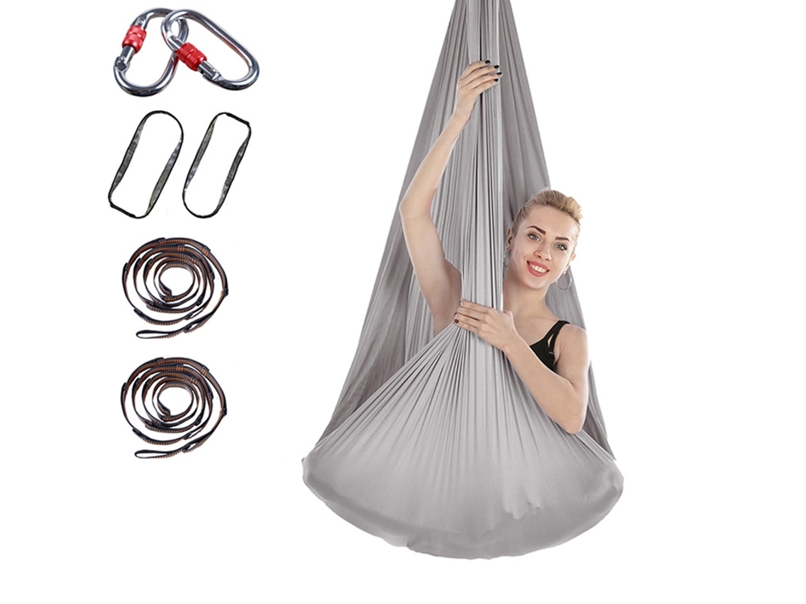 Hamaca de yoga de 400 x 280 cm con correa de extensión y cierre (gris plateado)
