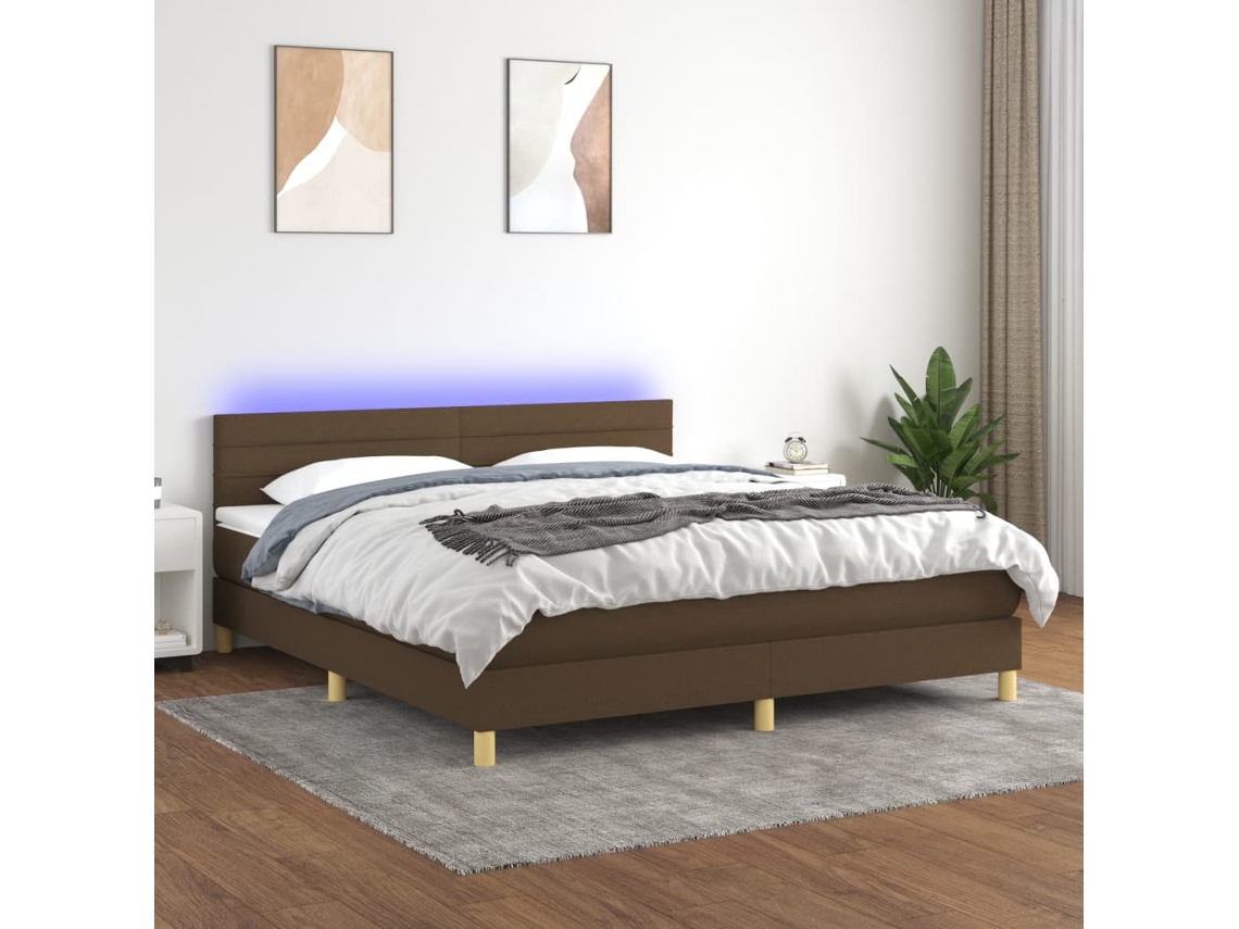 Cama Box Spring Con Colchón Led Tela Marrón Oscuro 160x200 Cm