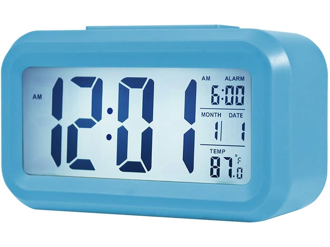 Reloj despertador digital de viaje, pantalla LCD grande, retroiluminación azul, calendario, repetición y temperatura, AC06 azul Kofihety