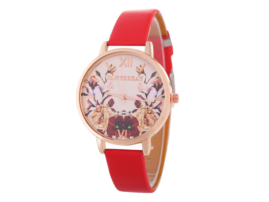 Reloj De Pulsera De Cuarzo Para Mujer Zhoulianfa Con Estampado Floral Y Correa De Pu (rojo)
