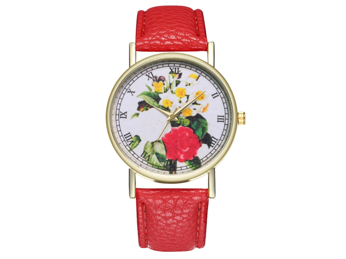 Reloj De Pulsera Zhoulianfa Para Mujer, Estampado Floral, Piel Sintética, Esfera Redonda, Movimiento De Cuarzo, Color Rojo.