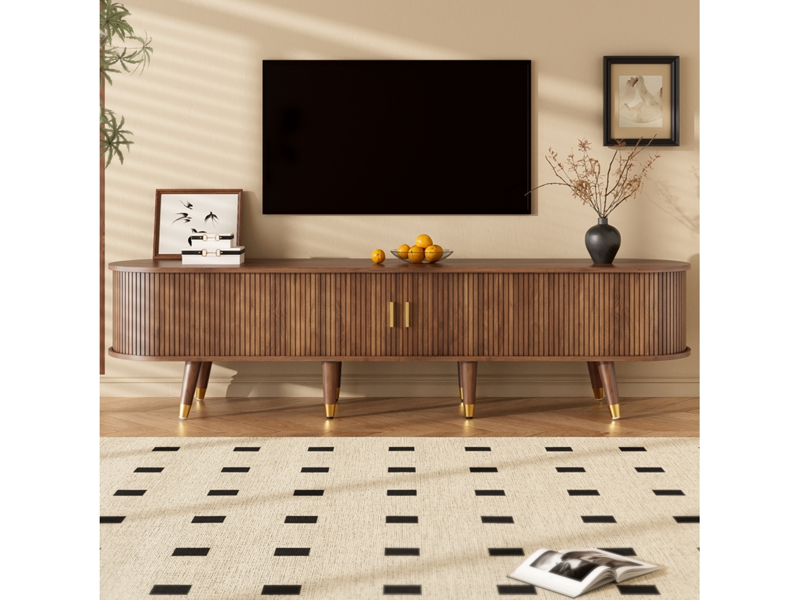 Mueble de TV de 175 cm con puerta corredera en ratán, diseño en nogal, gran espacio de almacenamiento en estilo marrón