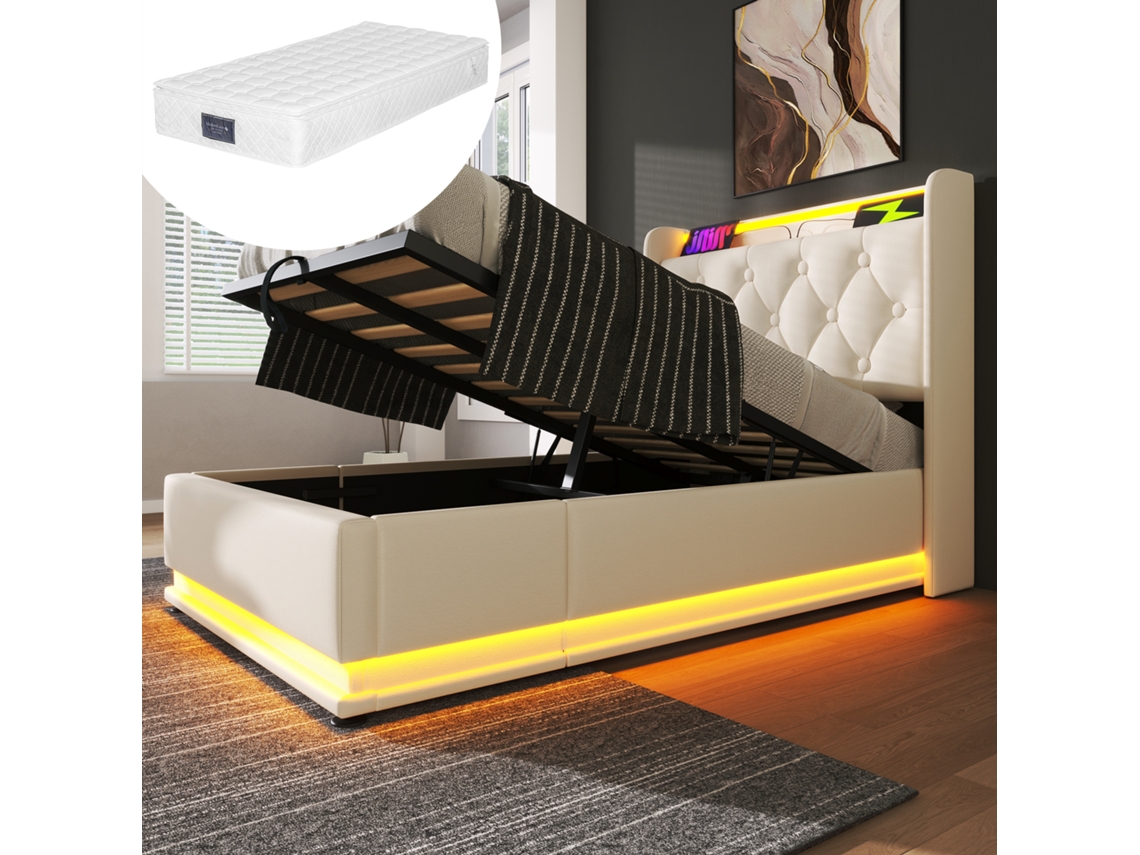 Cama Infantil 90x200 Cm Con Almacenamiento, Piel Sintética Blanca, Led 360°, Usb-c, Elevación Hidráulica, Cabecero Tapizado, Colchón Incluido.