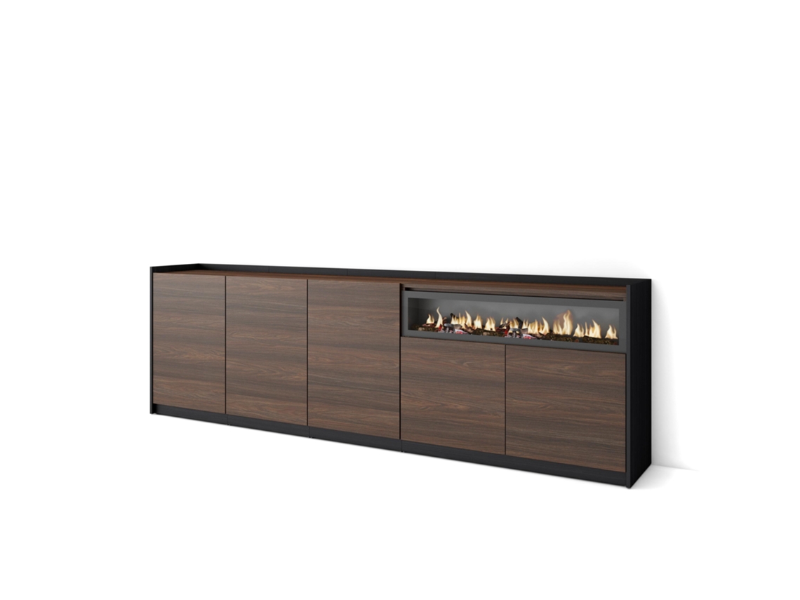 Aparador de comedor, 260x37x80cm, 5 puertas, chimenea eléctrica, roble oscuro y negro.