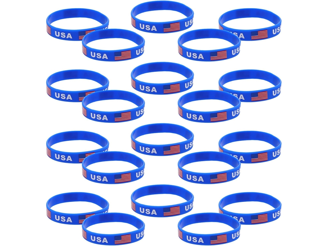 Juego de 20 muñequeras elásticas de silicona con estampado de la bandera estadounidense, ideales para practicar deporte.