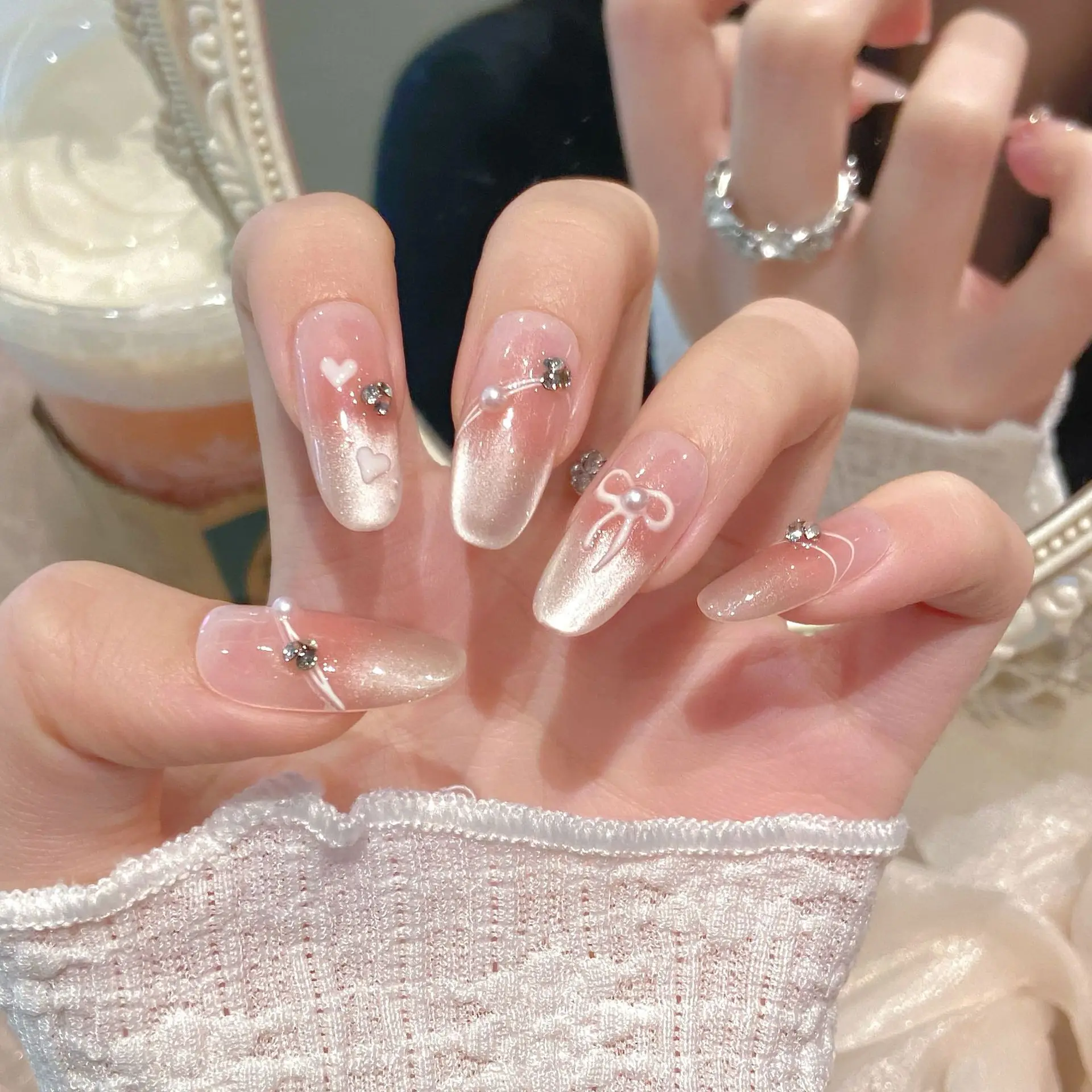 (73-l) Paquete De 10 Parches De Uñas Postizas Reutilizables Hechos A Mano