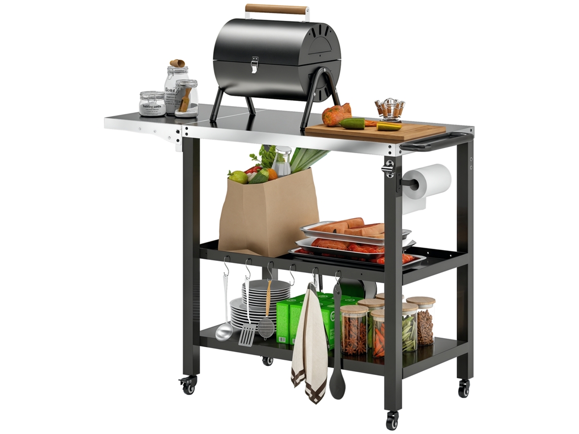 Carrito Para Barbacoa De Jardín Con Banco De Trabajo Plegable Y Estantes, 116x50x86cm, Negro.