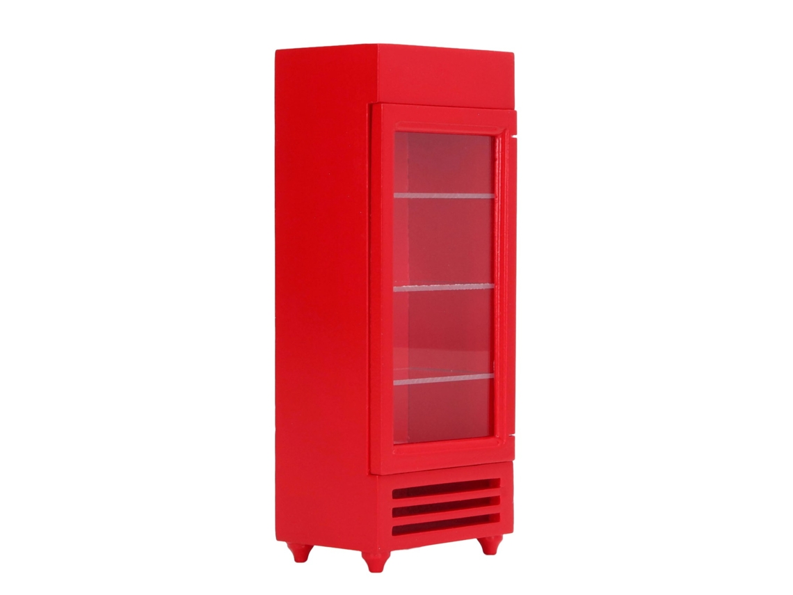 Refrigerador vertical en miniatura para casas de muñecas con congelador y dispensador.