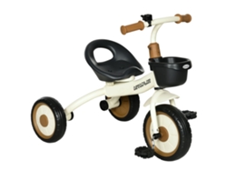 Triciclo infantil de 2 a 5 años con asiento ajustable, cesta, timbre y pedales, color crema.
