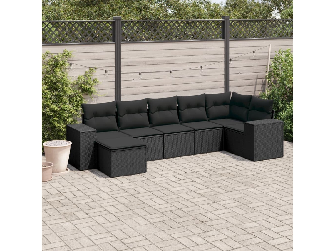 Conjunto de sofá de jardín de 7 piezas con cojines de mimbre negro de DKD Home Decor