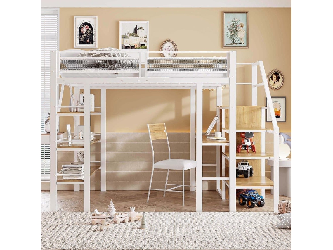 Cama Alta 140*200 Cm - Estante De Tres Niveles, Escritorio, Armario, Escalera De Seguridad Con Compartimento, Diseño De Cercado Alto - Blanco