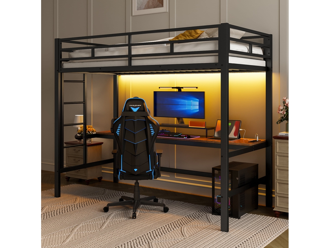 Cama Alta De Metal De 90x200 Con Barandilla, Escalera, Mesa, Usb, Led En747 Negra