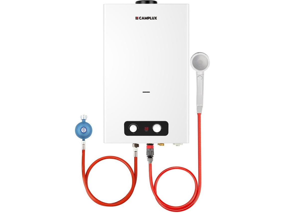 CAMPLUX BD422-DE Calentador de Agua a Gas 16 Litros, GPL, 50mbar, para Camping/ Exteriores/ Jardín, 32kW