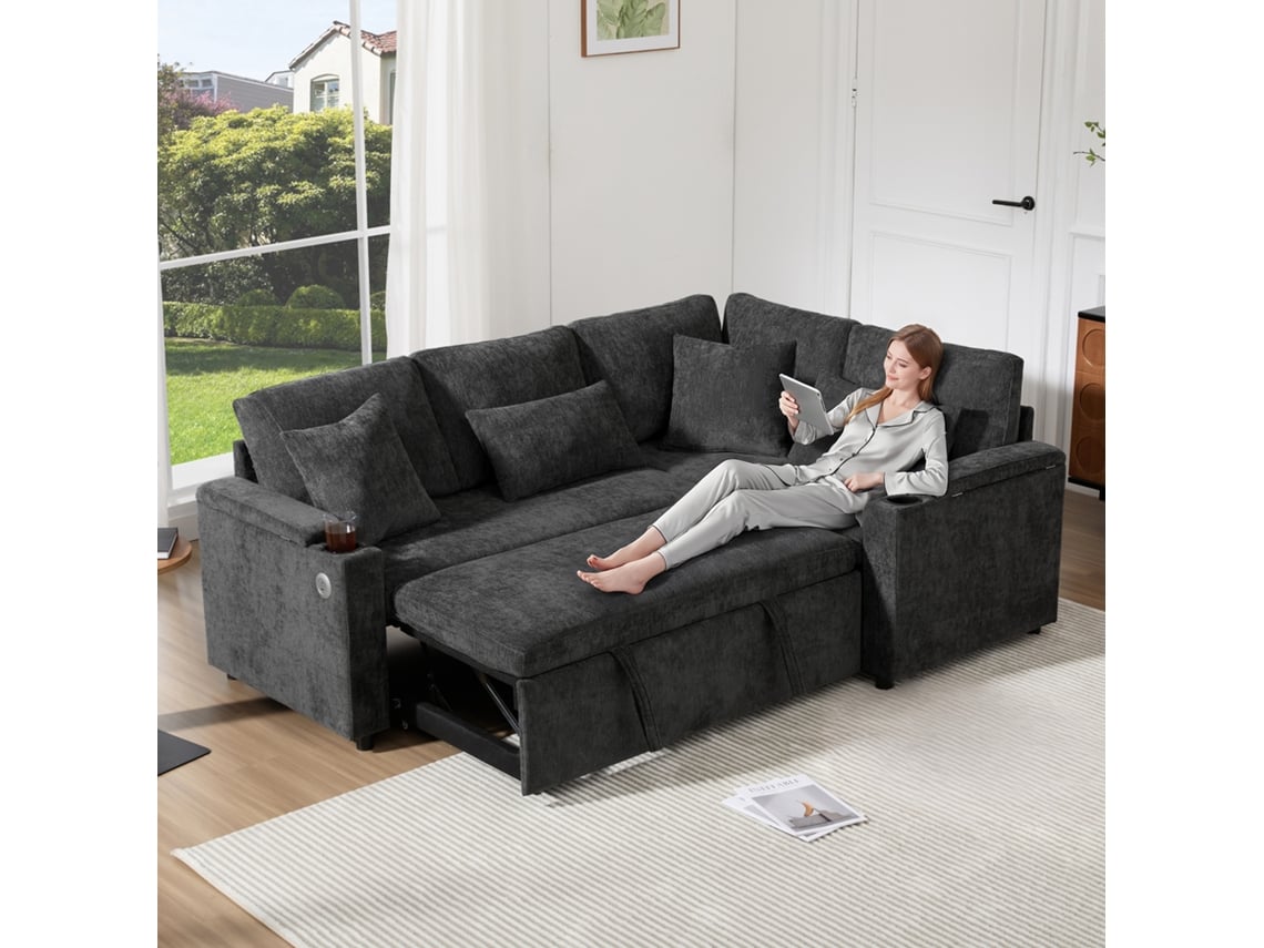 Sofá Esquinero Extensible Con Almacenamiento Usb, Portavasos Y Bandeja - Gris