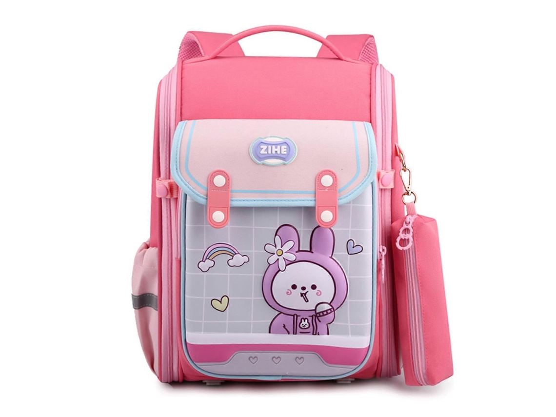 Mochila infantil con estampado de dibujos animados en 3D, resistente, con doble correa y portalápices, rosa.