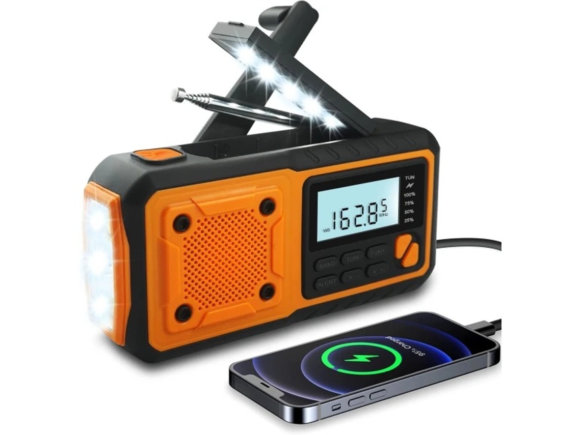 Radio de emergencia portátil de 4000 mAh con energía solar y manivela, con alarma AM/FM/WB/NOAA y alerta.