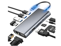 Estación de acoplamiento USB-C 11 en 1, HDMI con HDMI 4K, Ethernet RJ45, VGA, puerto USB, fuente de alimentación de 100 W, entrada auxiliar, lector de tarjetas SD/TF Yizhood (gris)