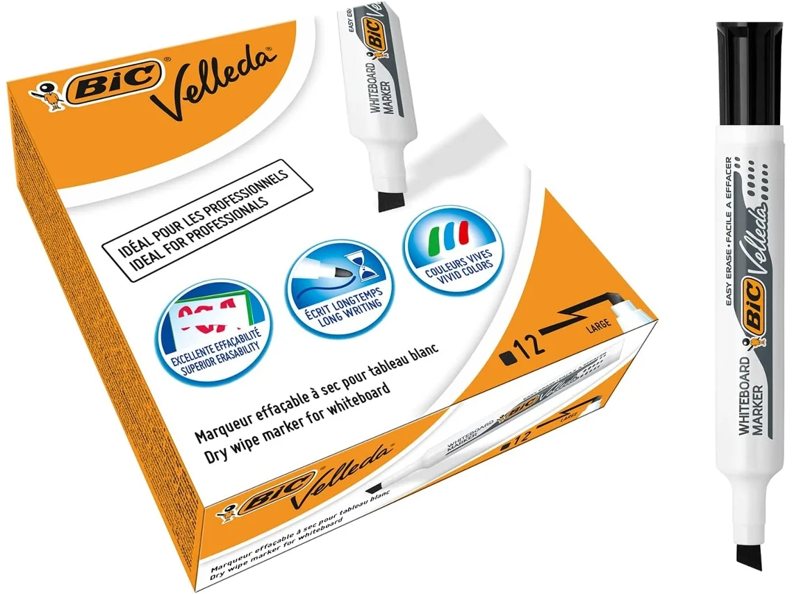 Marcadores para Quadro Branco BIC Velleda 1791 Ponta de Cinzel Larga Preto Caixa de 12