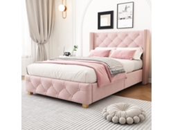 Cama Tapizada 90x200cm Con Base De Listones Y Cabecero, Tapicería De Botones, Tapicería De Remaches, Patas De Madera, Terciopelo, Rosa