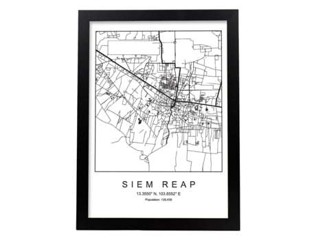 Póster NACNIC Mapa de la Ciudad Siem Reap Estilo Nordico en Blanco y Negro.