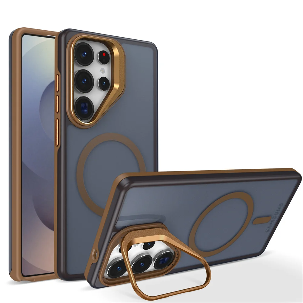 (galaxy S23, Dorado) Funda Protectora Magsafe Para Samsung Con Soporte De Lente Metálico Y Cierre Magnético.