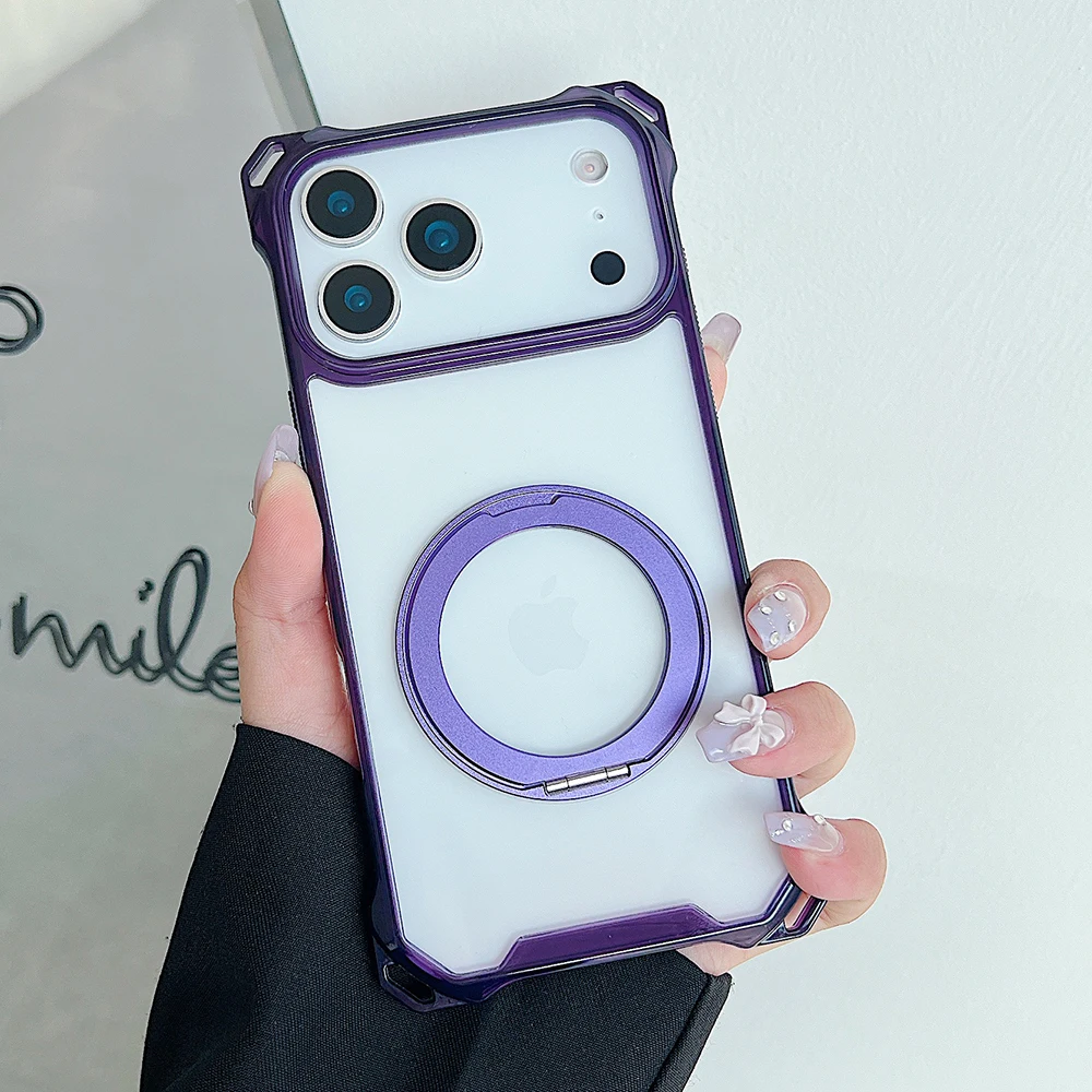 (morado, Iphone 14) Elegante Funda Protectora Transparente Con Airbag Degradado, Soporte De Anillo Metálico A Prueba De Golpes.