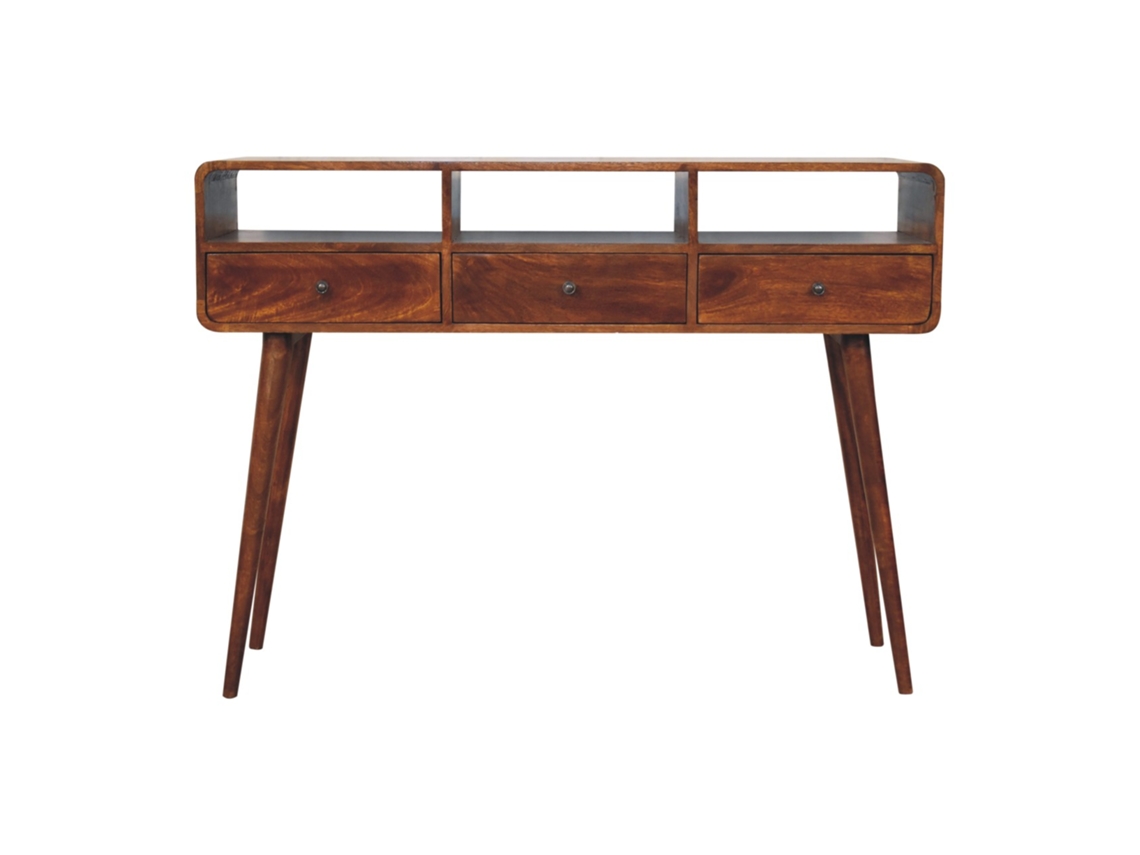 Consola de triple curvatura en madera maciza marrón, 3 cajones y 3 compartimentos abiertos, muebles artesanales marrón oscuro