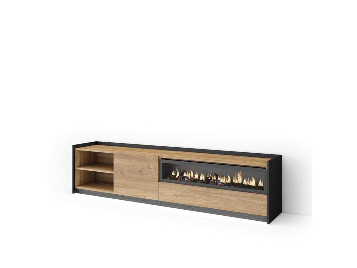 Mueble Tv, Televisión, 207x37x50cm, Para Tv Hasta 80", Chimenea Eléctrica, Led, Roble Y Negro