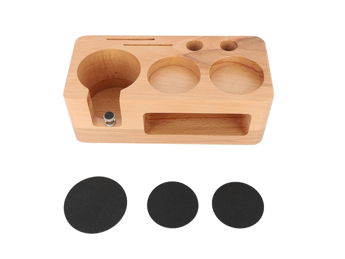 Soporte para cafetera de émbolo de madera de haya con portafiltro de 51 mm estable y compatible.