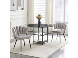 Conjunto comedor 107 cm - mesa redonda 2 niveles almacenaje + 2 sillas gris claro floral, tela, estilo industrial - negro/gris claro