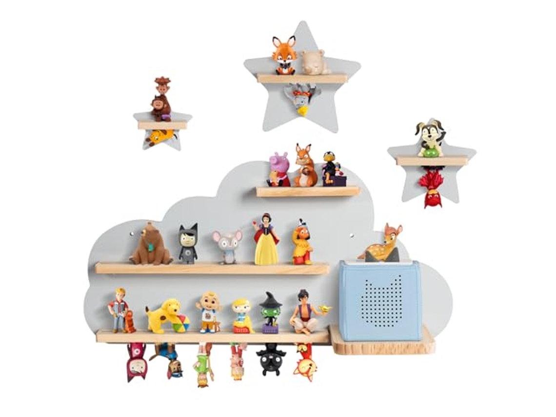 Estantería de pared magnética Todeco para Toniebox y Tonies, hasta 20-25 figuras Tonie, Tonie Regal Girl y Boy, Grey Cloud y Star