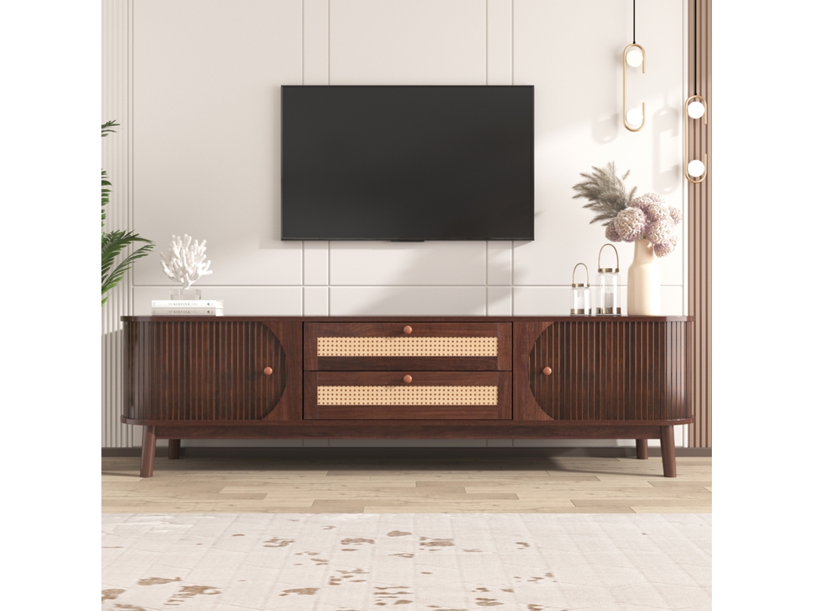 Mueble De Tv Con Puertas De Madera Maciza, Estilo Moderno Rústico, Puerta Corredera, Cajones De Ratán, Madera Natural