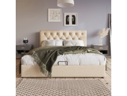 Cama Doble 160x200 - Polsterbett Hidráulica Con Cabecero Ajustable Y Almacenamiento - Natural