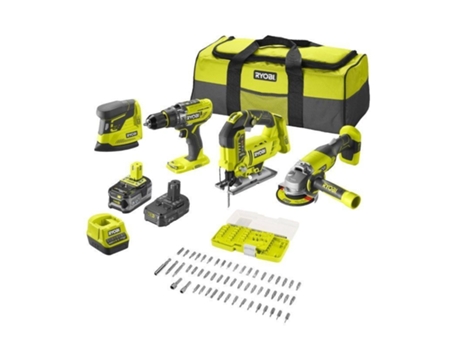 Pack Taladro Amoladora Sierra de Calar Lijadora RYOBI One R18Ck4F-252S/ 2 Baterías 18V 5 0 Y 2 0 Ah/ Cargador 2 0 A/ Bols