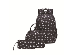 Mochila estampada, mochila para estudiantes, conjunto de tres piezas, negra, 19 pulgadas