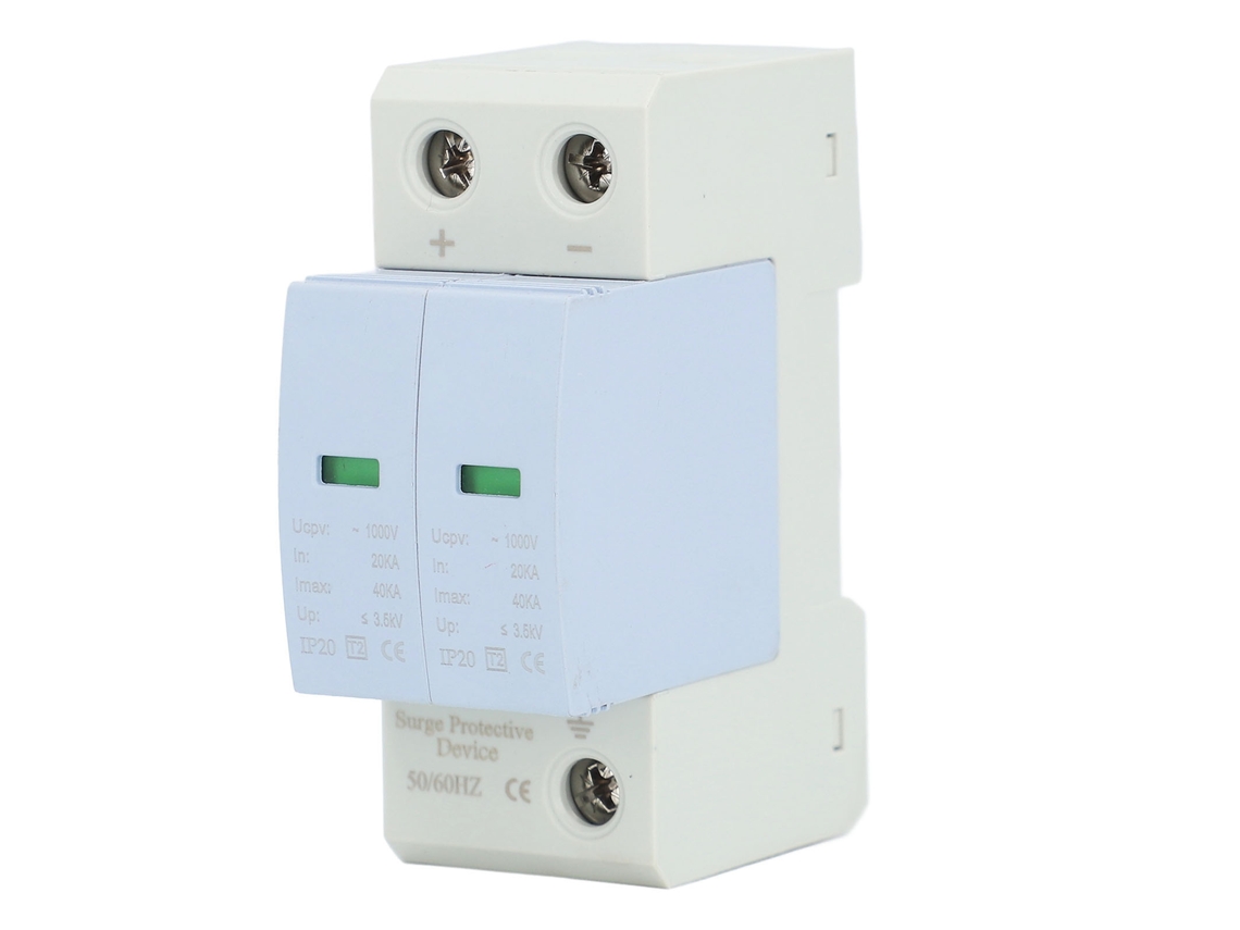 Protector Contra Sobretensiones De 2 Polos Y 40 Ka Para Sistemas Fotovoltaicos De 1000 V Cc Con Montaje En Riel De 35 Mm.