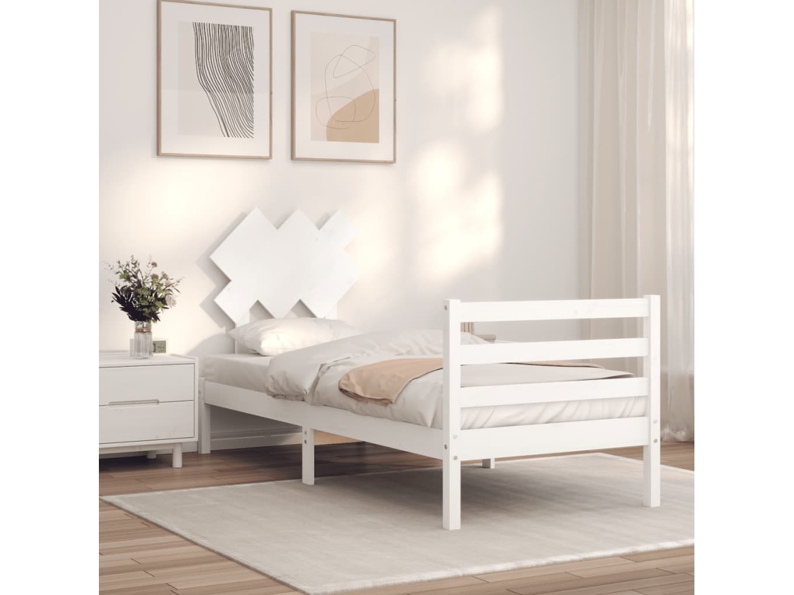 Cama Individual | Estructura De Cama Con Cabecero Madera Maciza Blanco 90x200 Cm