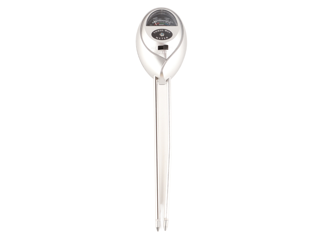 Medidor Primerox 3 en 1 para humedad, pH y luz, con sonda para jardinería y agricultura.